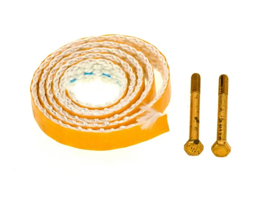 Rund gerolltes Band in orange mit weißem Kern und zwei goldfarbenen Bolzen daneben. Komponenten für Wartungsarbeiten von Bosch.